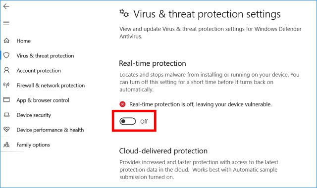 Tạm thời vô hiệu hóa Trình chống vi-rút của Bộ bảo vệ Windows