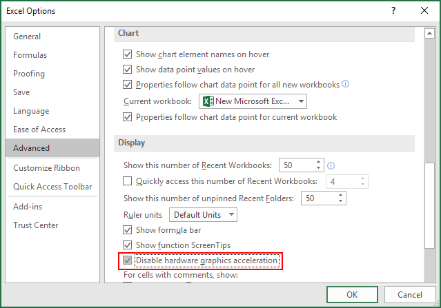 Tắt tăng tốc phần cứng đồ họa Excel