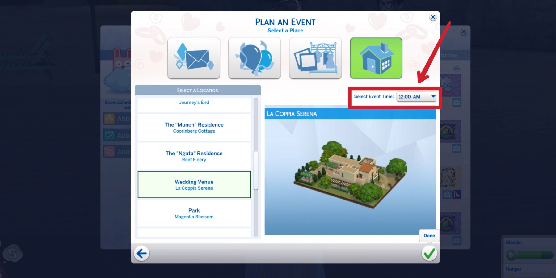 các địa điểm có sẵn cho bữa tối đính hôn trong sims 4