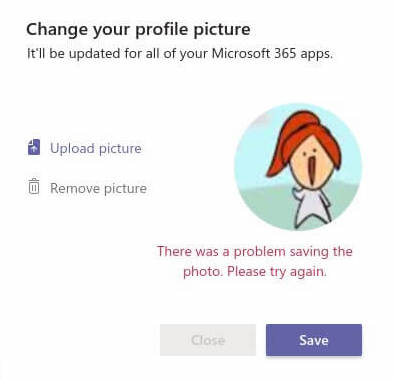 Đã xảy ra sự cố khi lưu ảnh.  Thử lại.  Lỗi Microsoft Teams.