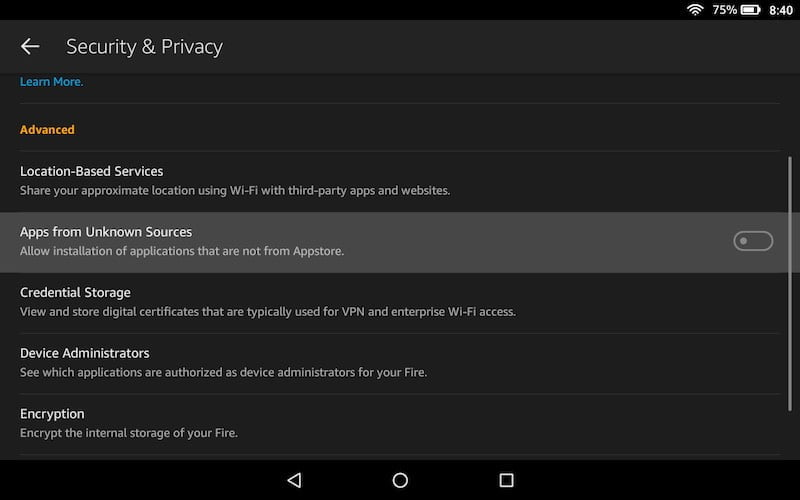 Cho phép-Ứng dụng-từ-Không xác định-Nguồn-trên Amazon-Fire-Máy tính bảng