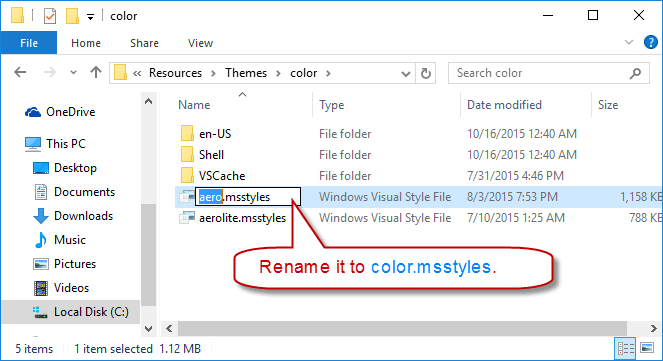 Đổi tên aero.msstyles thành color.msstyles