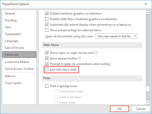 Tắt PowerPoint End with Black Slide