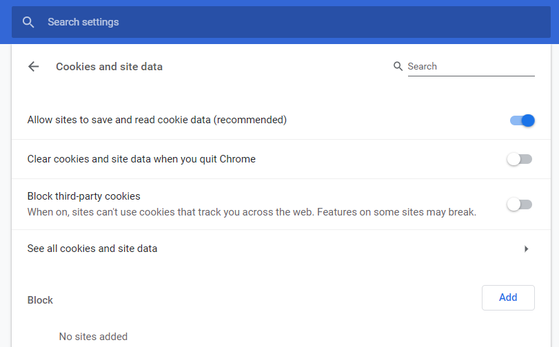 Cài đặt cookie của Chrome