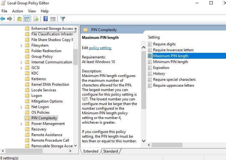 Mã PIN-Độ phức tạp-Cài đặt-trong-Nhóm-Chính sách-Trình chỉnh sửa